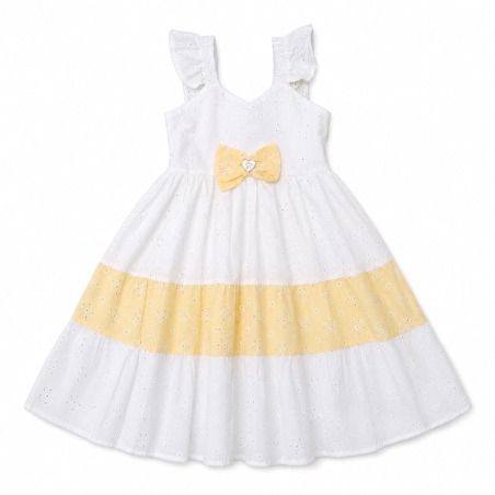 Vestido Infantil Blanco con Amarillo en Tela Broderie para Niña