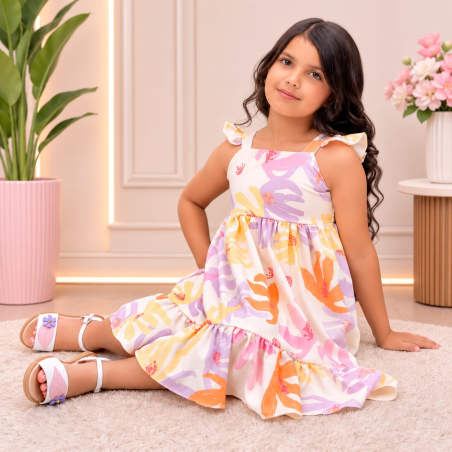 Vestido Infantil para Niña en Seda Suave con Volantes y Falda Amplia