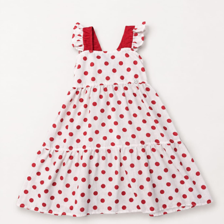Vestido Infantil para Niña Tipo Lino Suave con Lunares y Volantes