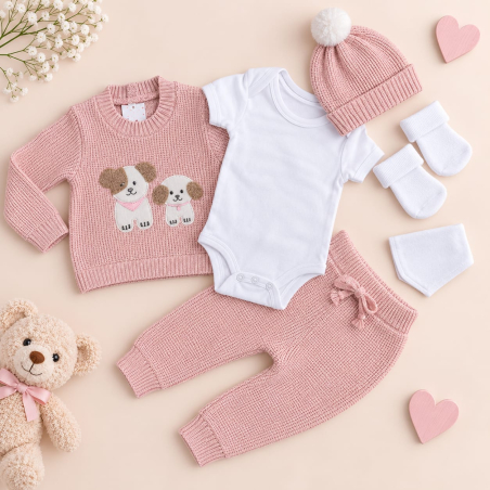 Primer Día Bebé en Hilo Tejido Set de Nacimiento con Suéter Pantalón Body Gorro