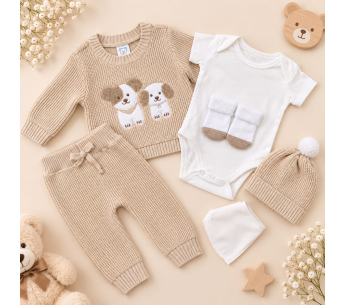 Primer Día Bebé en Hilo Tejido Set de Nacimiento con Suéter Pantalón Body Gorro