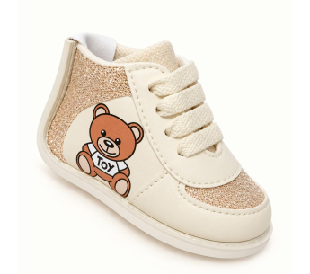 Zapatos No Tuerce para Bebé Beige con Brillos y Osito