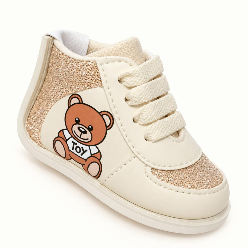 Zapatos No Tuerce para Bebé Beige con Brillos y Osito