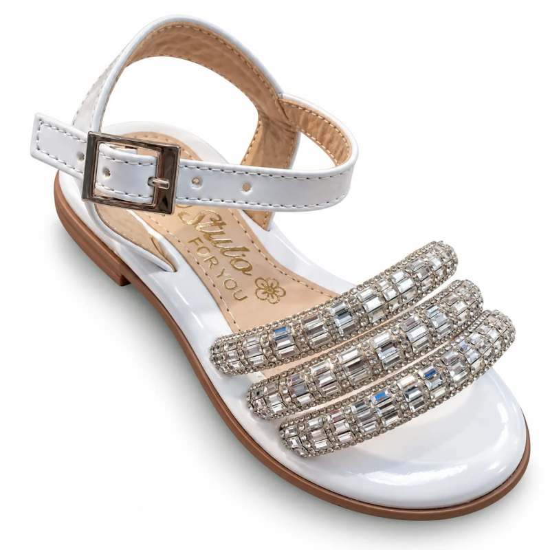 Sandalia Niña Elegante Blanca con Pedrería Plateada y Hebilla Ajustable
