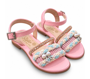 Sandalia Niña Rosada Elegante con Perlas, Trenzado Multicolor y Hebilla