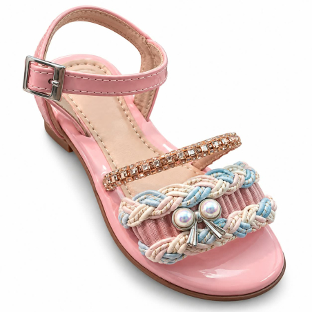 Sandalia Niña Rosada Elegante con Perlas, Trenzado Multicolor y Hebilla