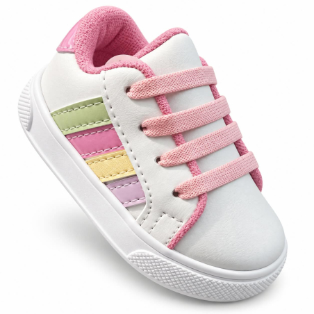 Tenis Para Niña Blancos Con Cordones Rosados y Detalles Pastel