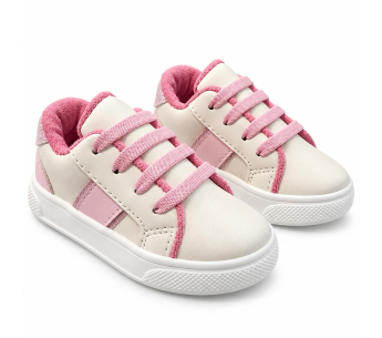 Tenis Para Niña Beige Con Rosado, Cordones Gruesos y Suela Blanca