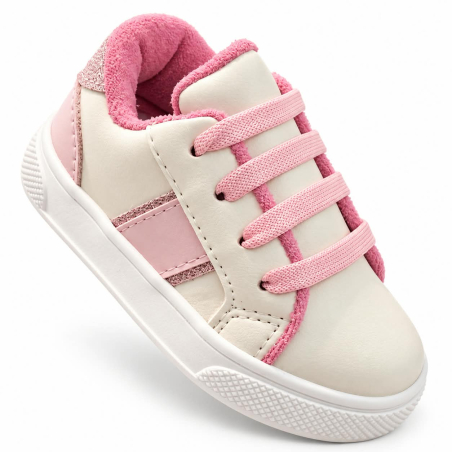 Tenis Para Niña Beige Con Rosado, Cordones Gruesos y Suela Blanca