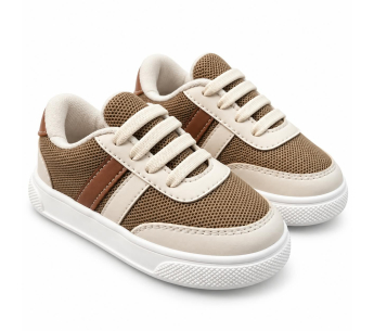 Tenis Para Niño Color Café Con Beige, Malla Transpirable y Suela Blanca