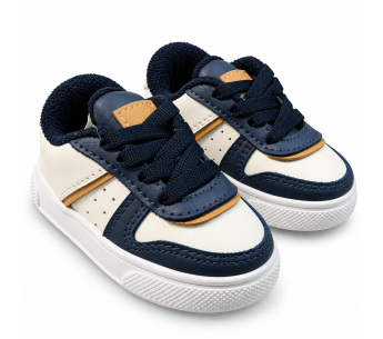 Tenis Para Niño Beige Con Azul Marino y Detalles Color Miel