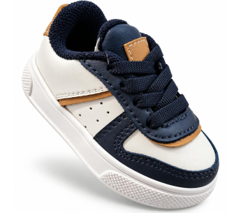 Tenis Para Niño Beige Con Azul Marino y Detalles Color Miel