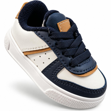 Tenis Para Niño Beige Con Azul Marino y Detalles Color Miel